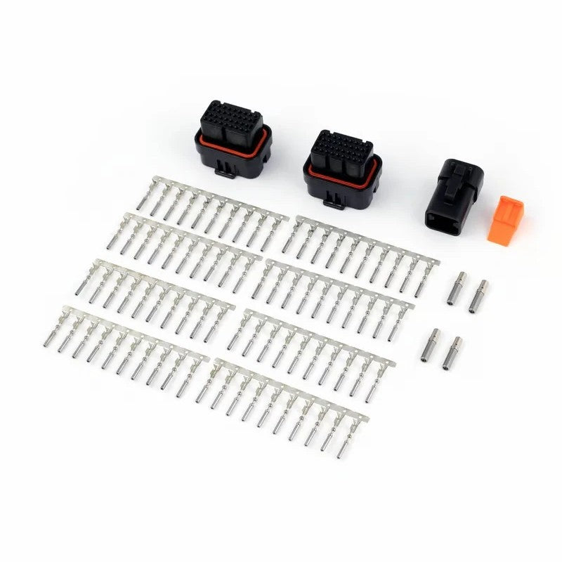Haltech NEXUS R3 VCU connector kit including plastic plug housings and metal crimp terminals.