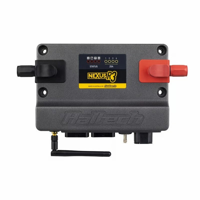 Haltech NEXUS R3 VCU showing electrical connectors and mounting points on a compact black chassis.