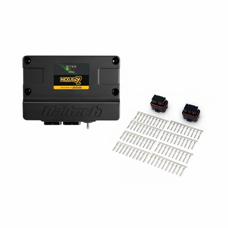 Haltech NEXUS S2 vehicle control unit with complete multi-pin connector plug and terminal pin set.