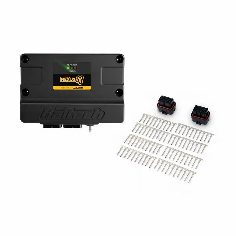 Haltech NEXUS S3 combined ECU and VCU module with included multi-pin connector housings and gold-plated pins.