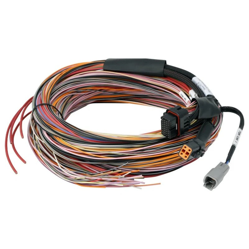 Haltech PD16 flying lead wiring harness featuring multi-colored automotive wires and a pre-terminated PDM connector.