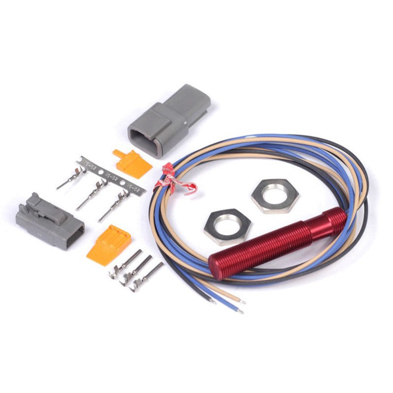 Haltech red single channel Hall effect sensor with M12x1.0 threaded body and Deutsch DTM 3 connectors.