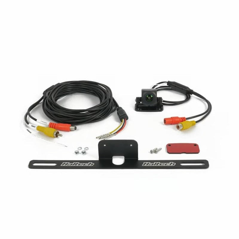 Haltech back-up camera with mounting bracket and integrated wiring connector.