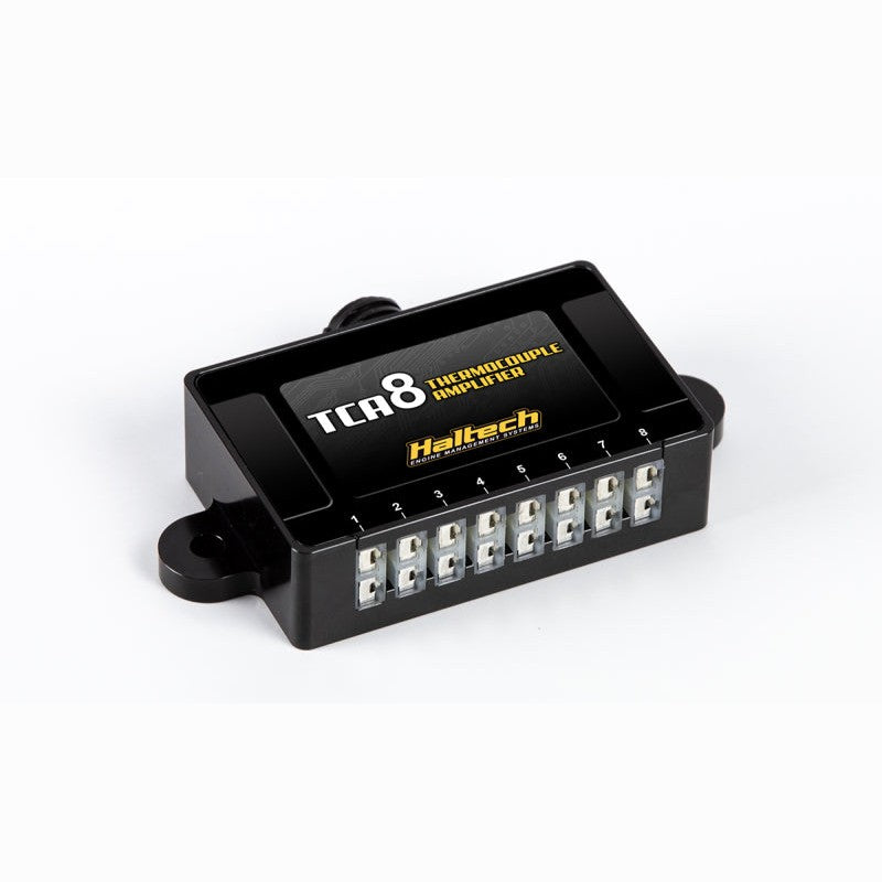Haltech TCA8 8-channel thermocouple amplifier enclosure with HT-059918 labeling and CAN connector