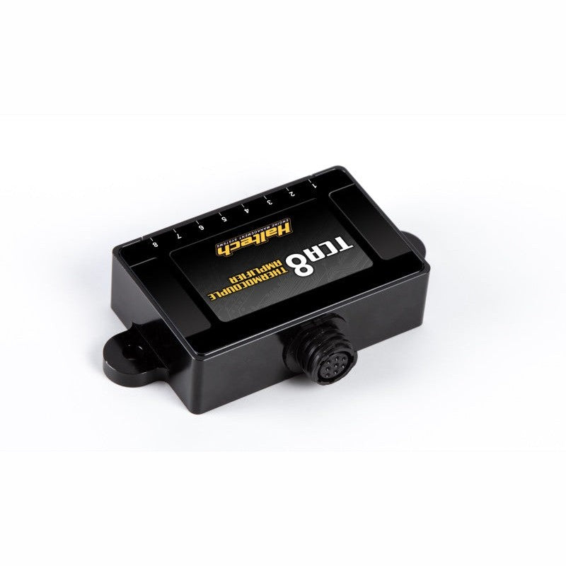 Haltech TCA8 eight-channel thermocouple amplifier box with CAN bus connector and mounting holes.