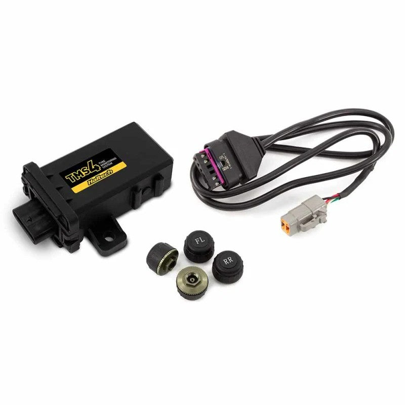 Haltech TMS-4 Tire Monitoring System kit with four external screw-on sensors and CAN bus connection hardware.