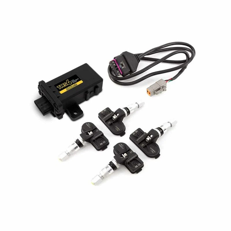Haltech TMS-4 tire pressure monitoring system kit featuring four internal sensors and CAN bus communication hardware.