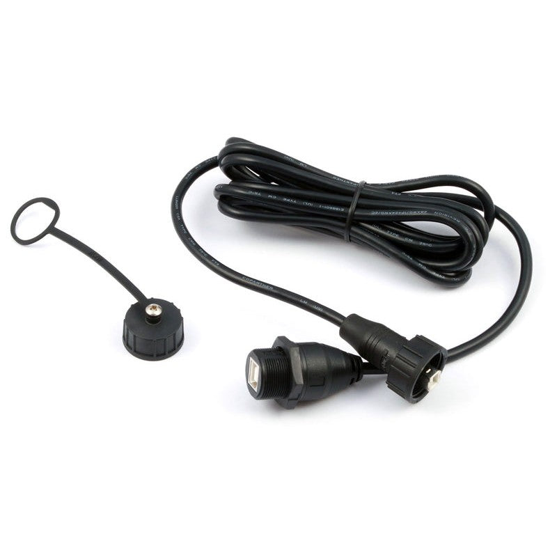 Haltech Elite 8-foot waterproof USB Type B extension cable with tethered sealing cap and black jacket.