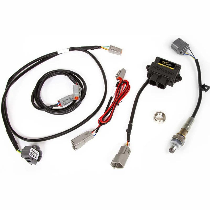 Haltech WB1 single channel CAN wideband controller kit including NTK sensor, wiring harnesses, and weld-on bung.