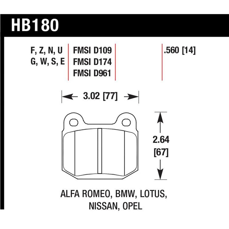 Hawk Performance Ceramic rear brake pad set for performance street vehicles, part number HB180Z.560.