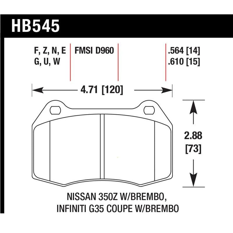 Hawk Performance Ceramic front brake pads HB545Z.564 for Nissan 350Z and Infiniti G35 with Brembo calipers.
