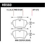 Hawk Performance HP+ Street Front Brake Pads (HB560N.677) for 2006-2016 Mini Cooper models.