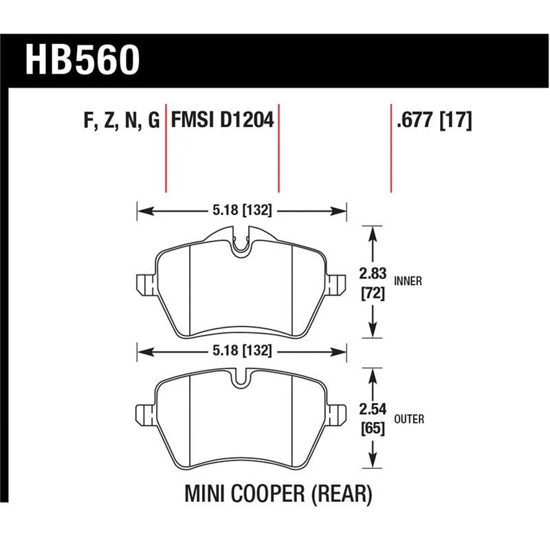 Hawk Performance HP+ Street Front Brake Pads (HB560N.677) for 2006-2016 Mini Cooper models.