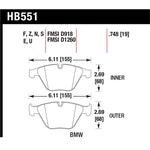 Hawk Performance Ceramic front brake pads showing the friction material and backing plate for select BMW models.