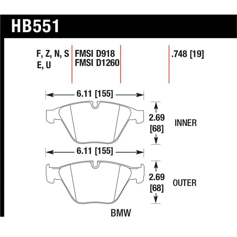 Hawk Performance Ceramic front brake pads showing the friction material and backing plate for select BMW models.