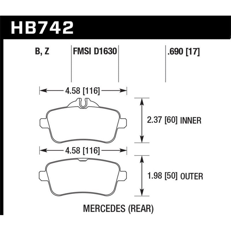 A set of Hawk Performance HPS 5.0 High Performance Street rear brake pads for Mercedes-Benz.