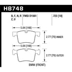 Hawk Performance Ceramic front brake pads for BMW featuring the PC compound and backing plate with part number HB748Z.723.
