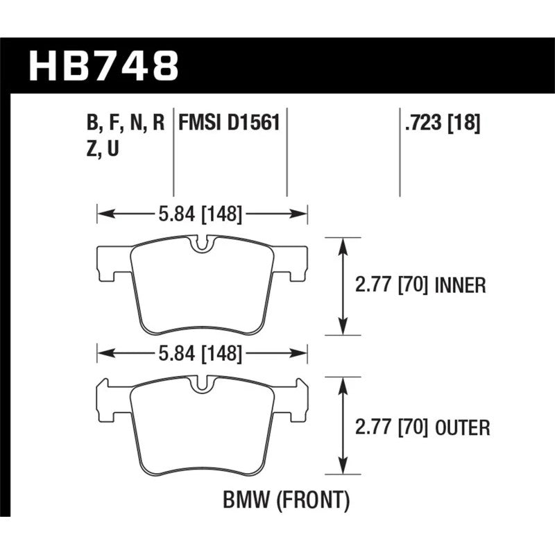 Hawk Performance Ceramic front brake pads for BMW featuring the PC compound and backing plate with part number HB748Z.723.