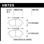 Hawk Performance HP Plus front brake pads HB725N.650 for 2014-2019 Ford Fiesta ST, S, SE, and Titanium models.