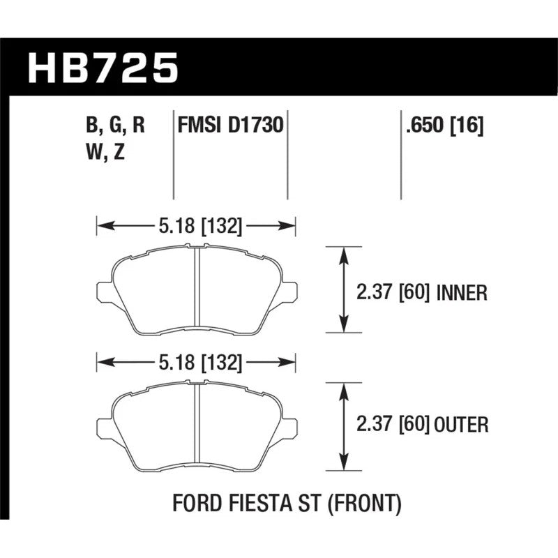 Hawk Performance HP Plus front brake pads HB725N.650 for 2014-2019 Ford Fiesta ST, S, SE, and Titanium models.