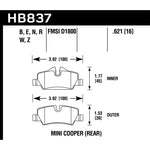 Hawk Performance HPS 5.0 rear brake pad set showing friction surface and backing plates for 2014-2019 Mini Cooper.