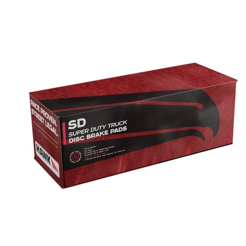 Set of Hawk Performance Super Duty front brake pads with ferro-carbon friction material and black backing plates.