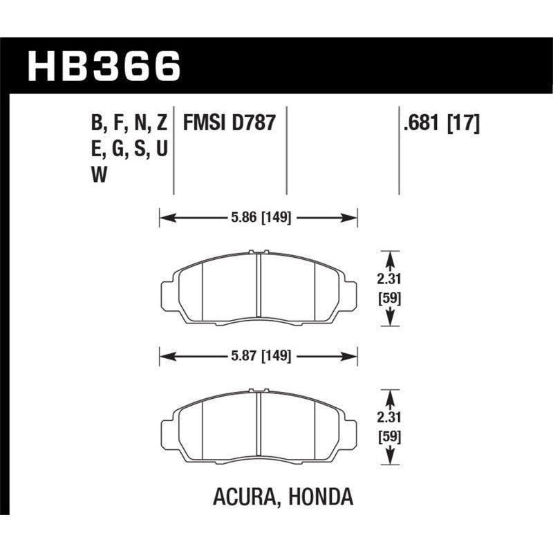 Hawk Performance HPS 5.0 front brake pad set (HB366B.681) for Acura and Honda models.
