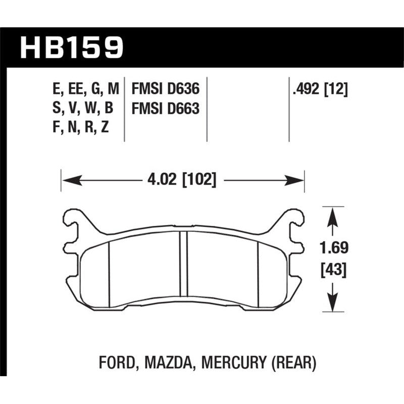 Hawk Performance HPS 5.0 high-friction rear brake pad set (HB159B.492) for 1994-2005 Mazda and Ford models.