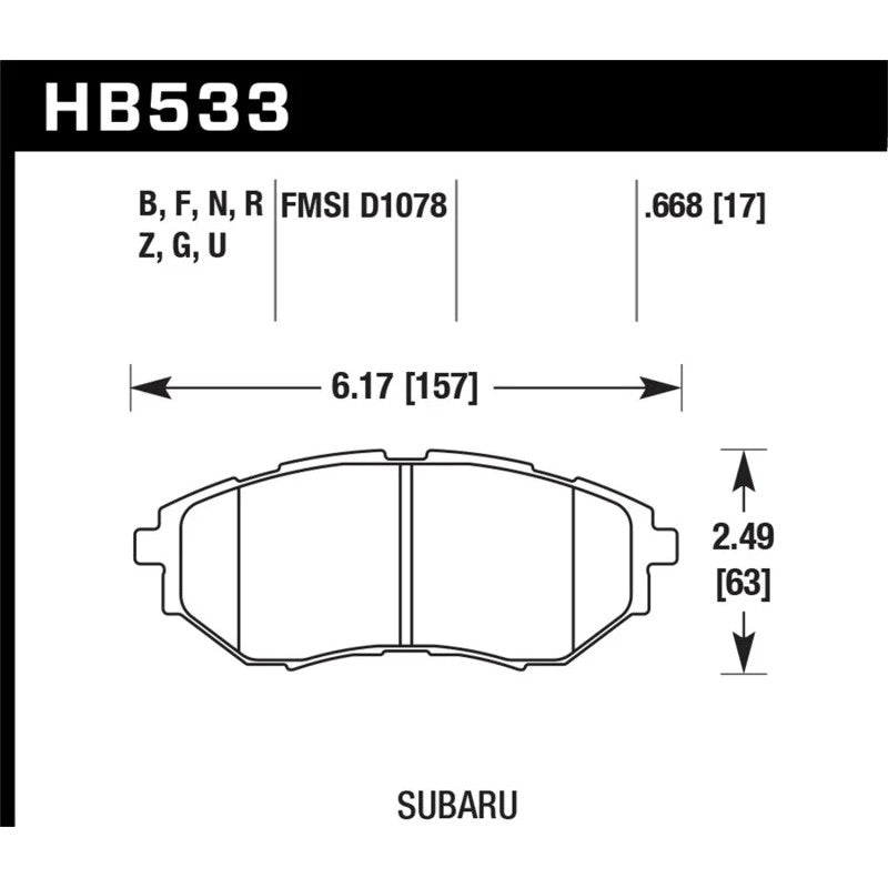 Set of four Hawk Performance HPS 5.0 front disc brake pads for Subaru vehicles.