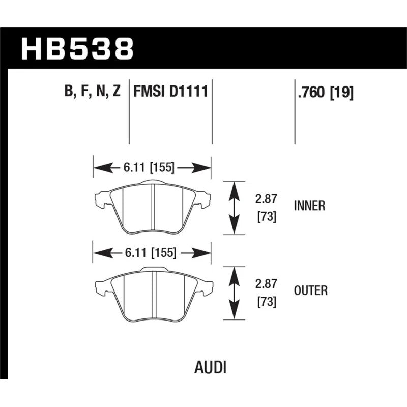 Hawk Performance HPS high performance street front brake pad set, part number HB538B.760.