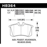 Hawk Performance HPS 5.0 series rear brake pad set showing the ferro-carbon friction material and backing plate.