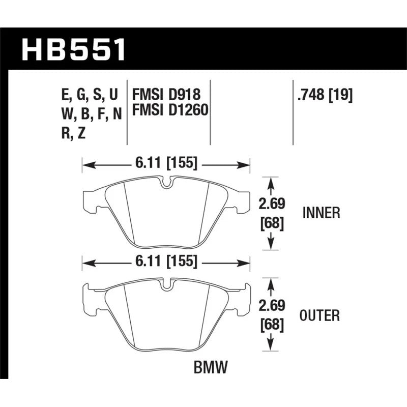 Hawk Performance HPS 5.0 front disc brake pad set for BMW 1, 3, 5, 6, and 7 Series vehicles.
