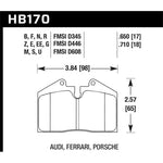 Hawk Performance Blue 9012 race brake pad set HB170E.650 for Porsche, Ferrari, and Lamborghini models.