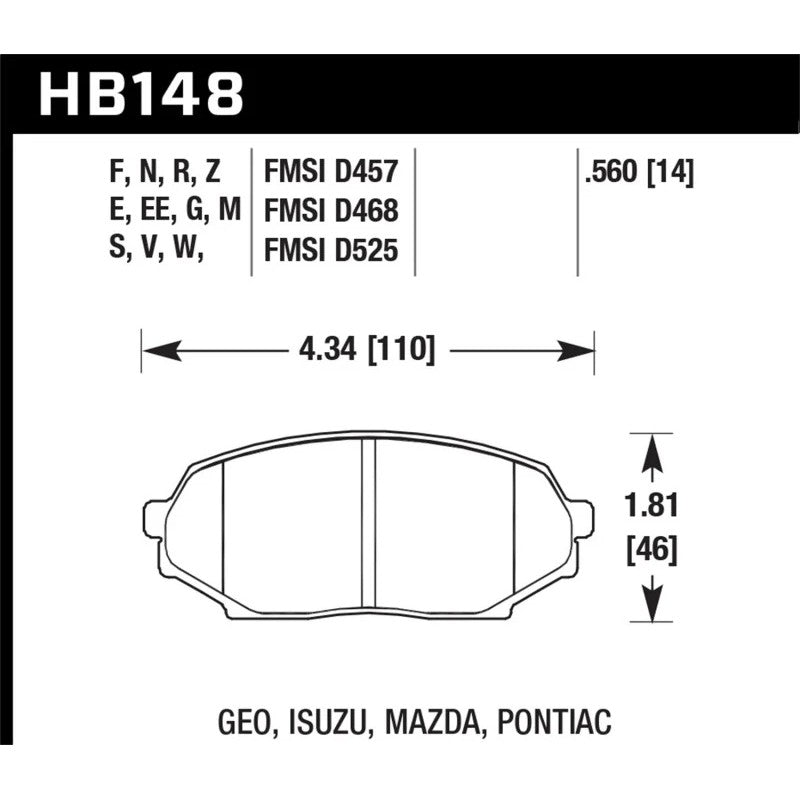Hawk Performance HPS 5.0 front brake pad set HB148B.560 for 1990-1993 Mazda Miata, Geo Storm, and Isuzu Impulse.