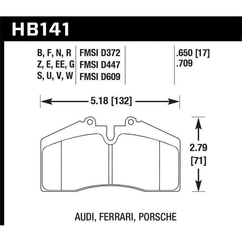 Hawk Performance Blue 9012 racing brake pads, part number HB141E.650, for Porsche and Ferrari models.