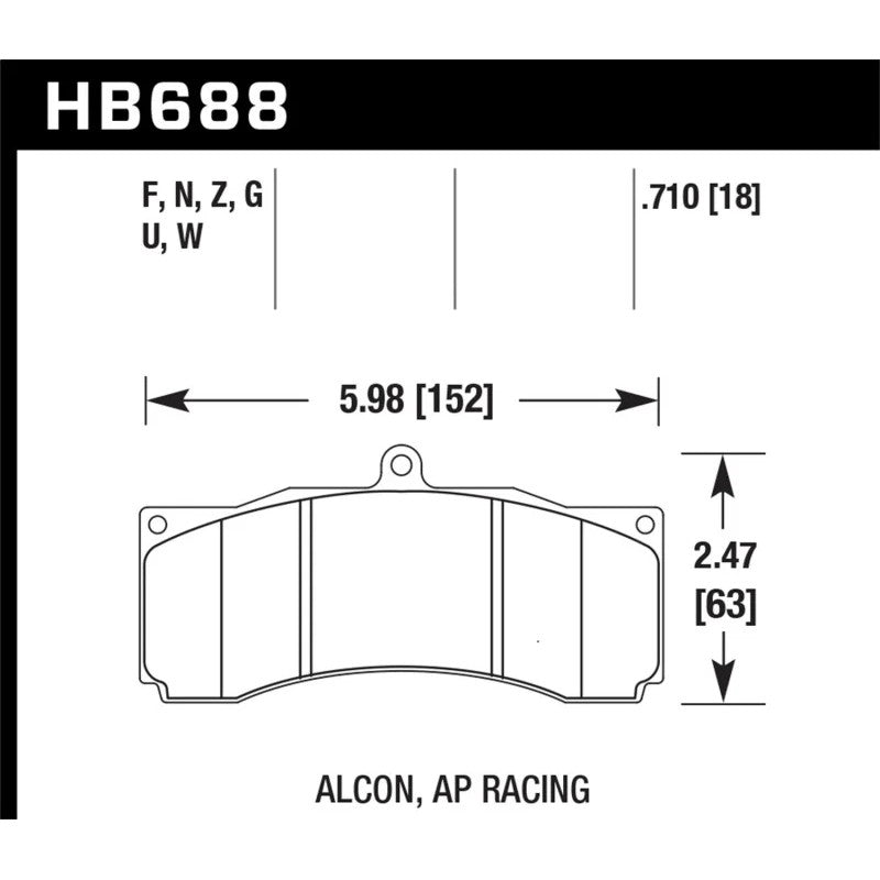 Hawk Performance Ceramic front brake pads HB688Z.710 for AP Racing and Alcon calipers showing backing plate and friction material