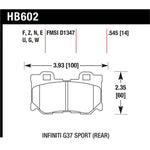 Hawk Performance HP Plus rear brake pads, part number HB602N.545, for Infiniti and Nissan sport vehicles.