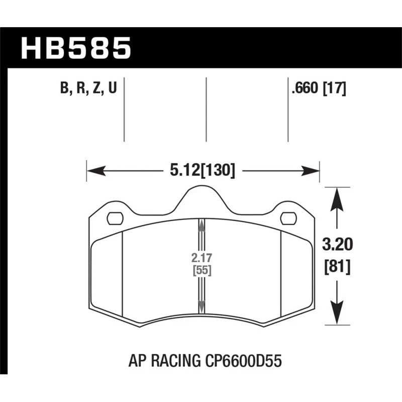 Hawk Performance Ceramic street brake pads, part number HB585Z.660, showing the friction material and backing plate.