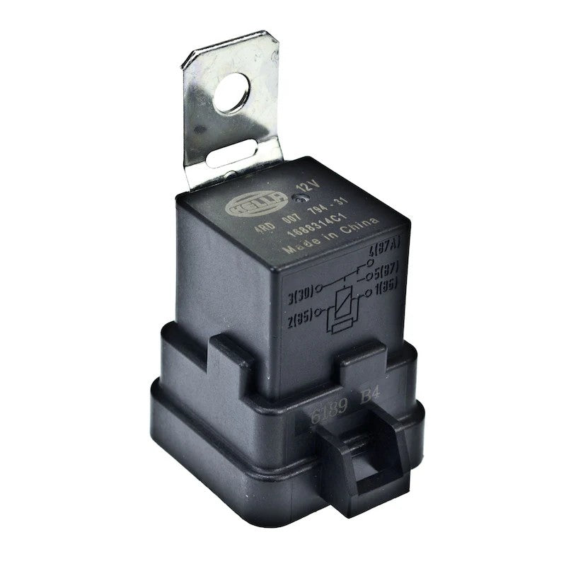 Hella 12V 20/40 Amp SPDT resistor suppressed relay showing five pins and attached weatherproof mounting bracket.