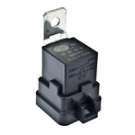 Hella 12V 20/40 Amp SPDT resistor suppressed relay showing five pins and attached weatherproof mounting bracket.