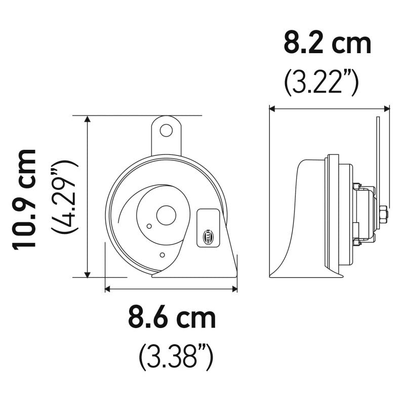 Hella TE26 series dual black trumpet horns with mounting bracket and Toyota-specific plug-and-play connectors.