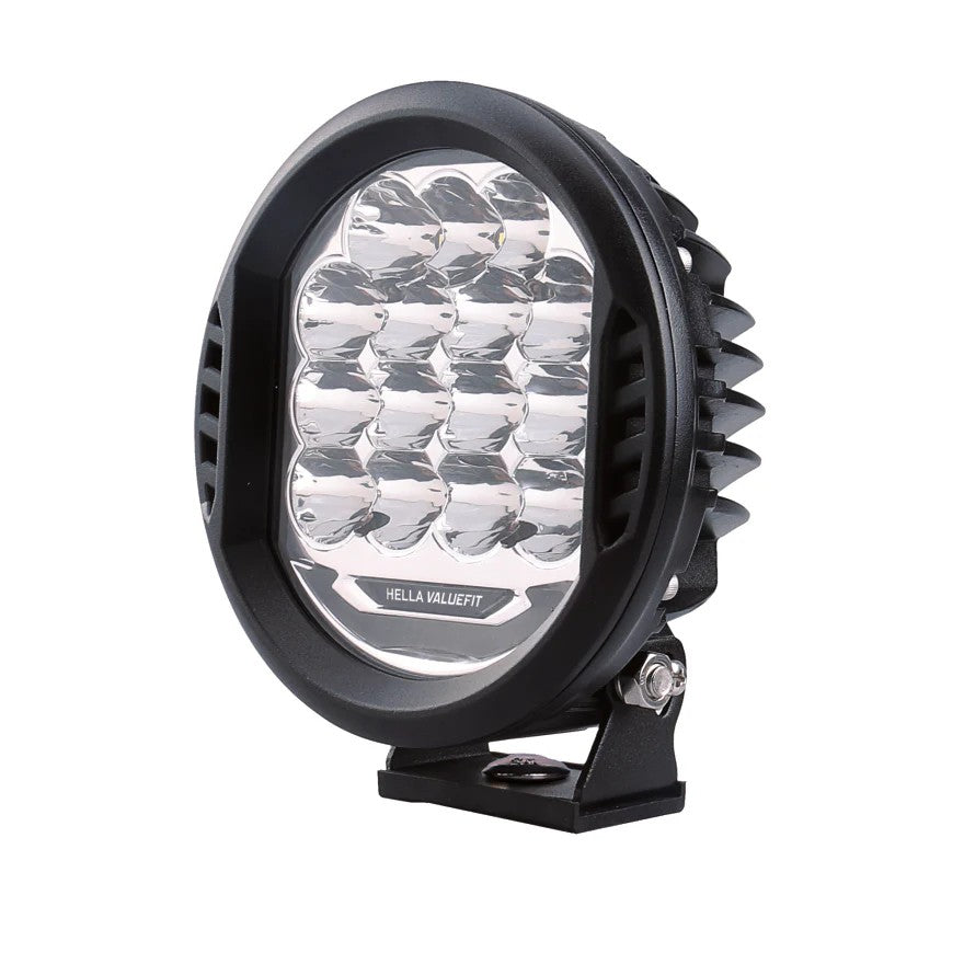 Round Hella 500 LED driving lamp with black housing and clear lens