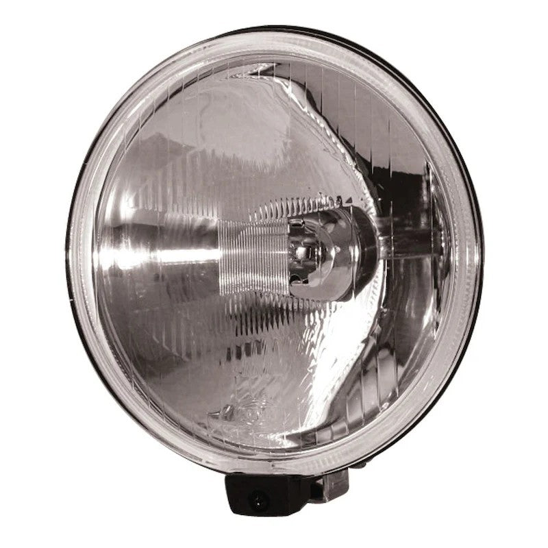 Two Hella 500 Series round halogen driving lights with black housings and protective white stone shields.