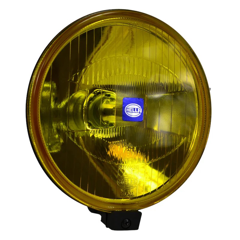 Hella 500 Series 6.4-inch round amber driving beam lamp with black ABS housing and vapor-deposited aluminum reflector.
