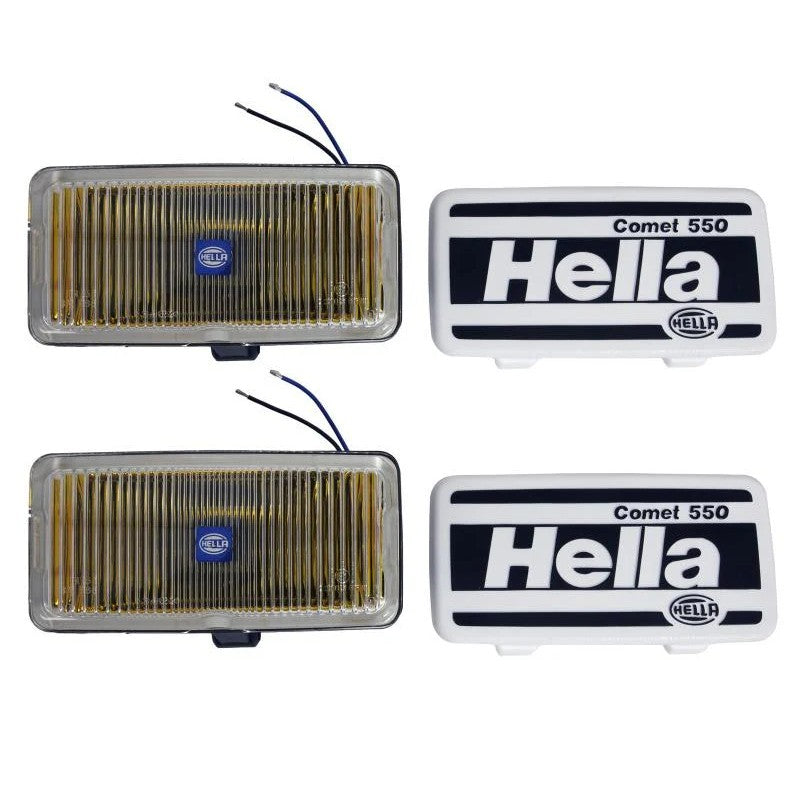 Pair of rectangular Hella 550 Series amber fog lamps with black ABS housings and universal mounting brackets.