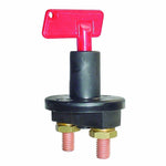 Hella 100A 24V rotary battery disconnect switch with removable red safety key and black housing.