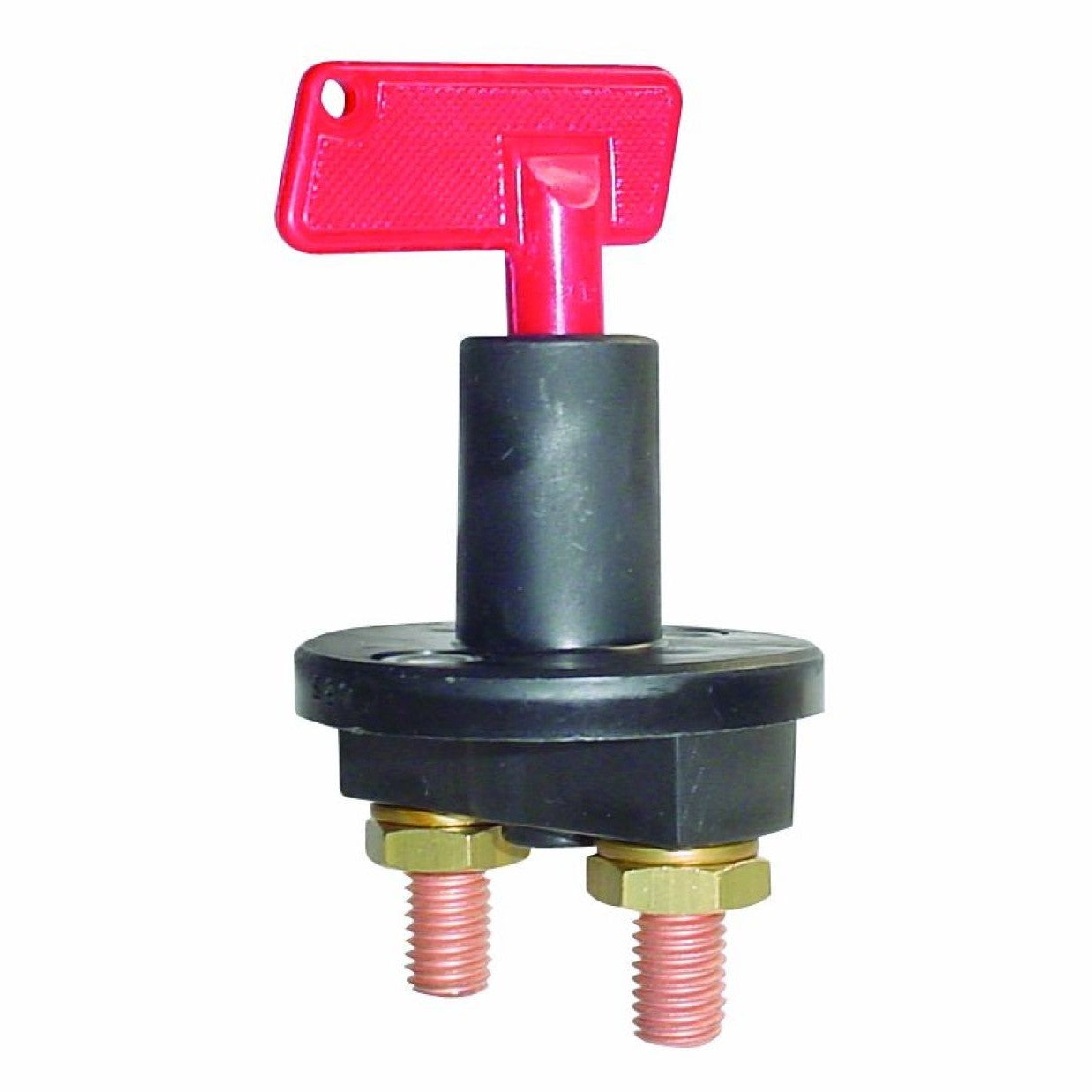Hella 100A 24V rotary battery disconnect switch with removable red safety key and black housing.