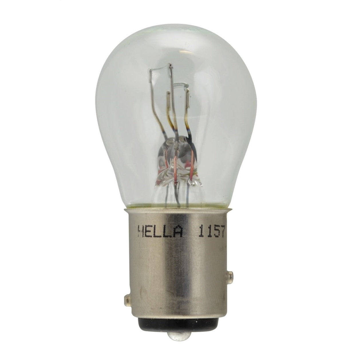 HELLA 1157 dual filament incandescent bulb with BAY15d metal base and clear S8 glass housing.