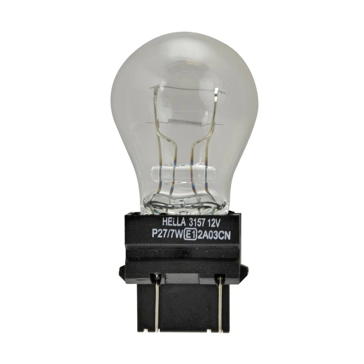 HELLA 3157 12V 27/7W dual-filament automotive bulb with a clear glass S8 globe and plastic wedge base.