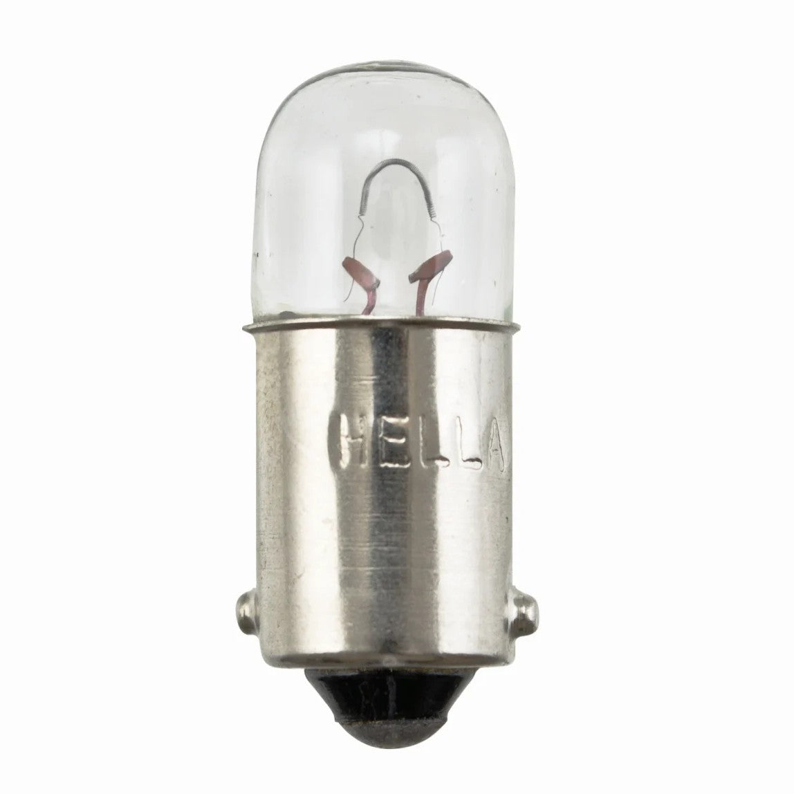 A twin pack of Hella 3893 12V 4W clear glass miniature incandescent bulbs with Ba9S metal bayonet bases.